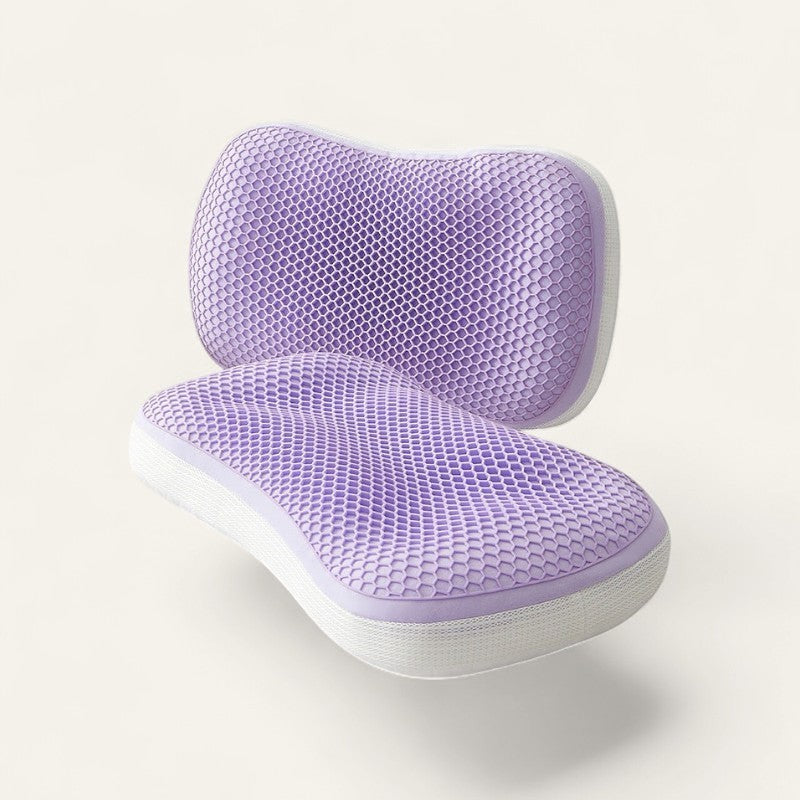 Two purple honeycomb cooling gel cervical pillows on cream