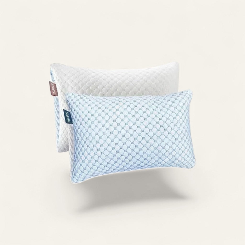 Driftward blue and white bamboo memory foam cooling pillow with shredded foam fill. Features moisture-wicking bamboo cover.
