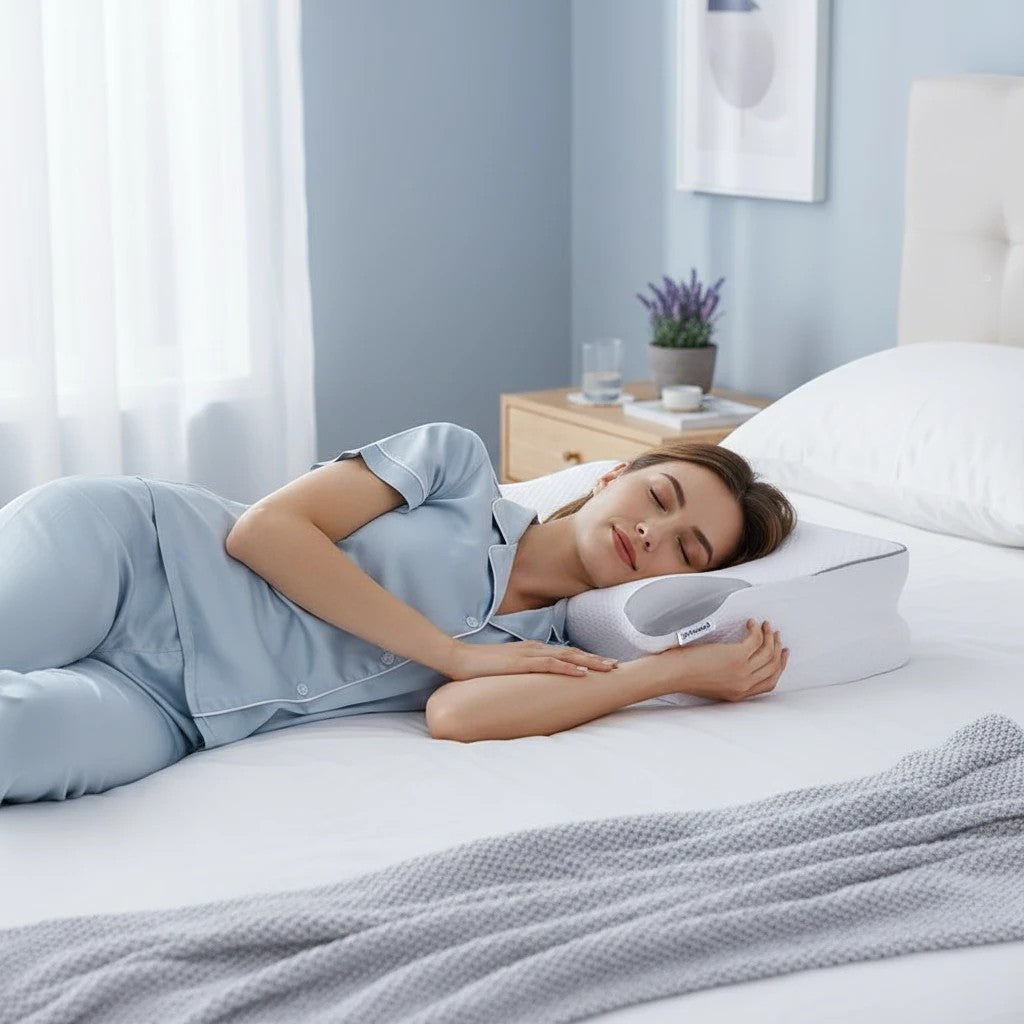 Driftward white butterfly memory foam pillow with side sleeping support for ergonomic comfort.