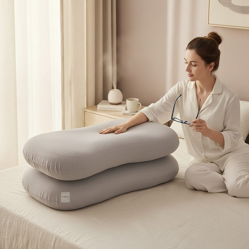 Driftward grey TPE cervical support pillow with cooling gel layer for side and back sleepers.