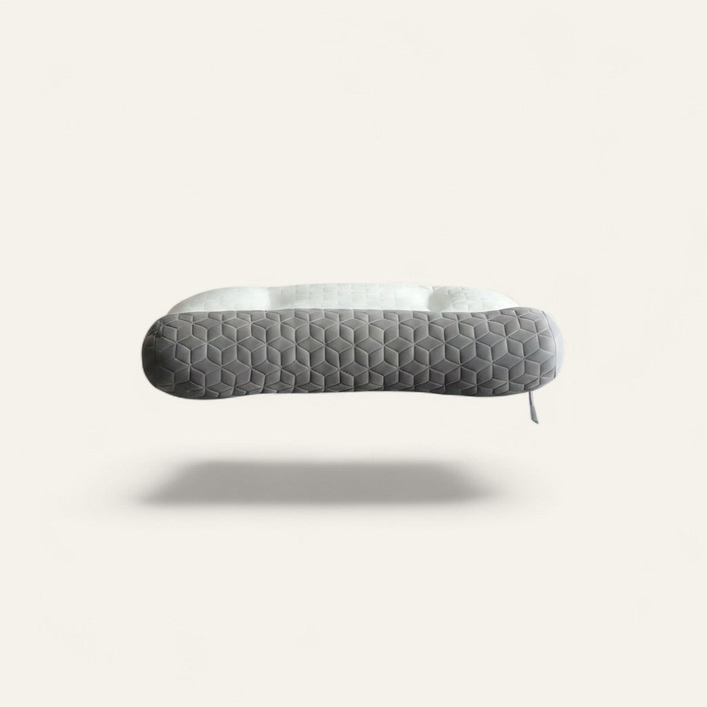 Driftward ergonomic latex cervical support pillow with a grey geometric pattern and white top. Features 8.5cm height.