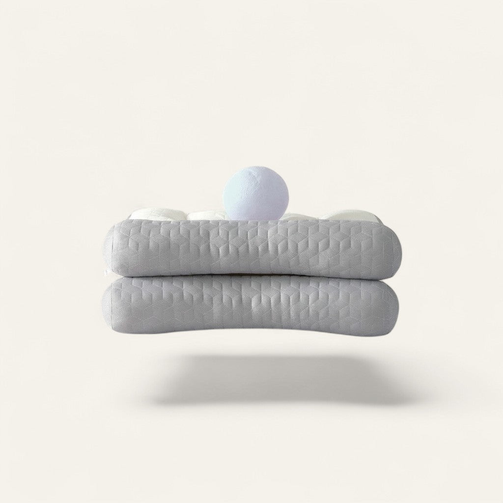 Driftward ergonomic grey latex cervical support pillow with geometric pattern. Low height, 40x65cm.