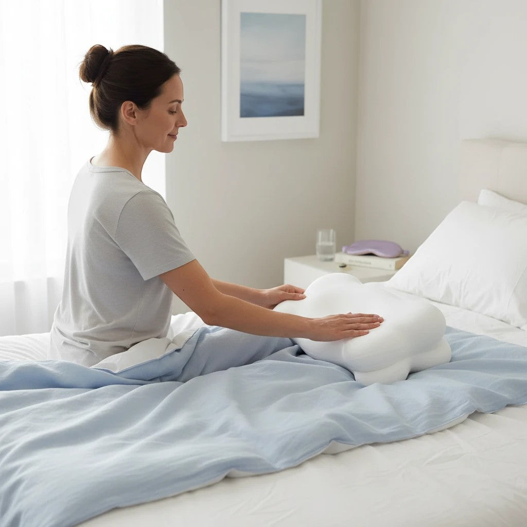 Driftward white contoured memory foam pillow with breathable cover on a bed.