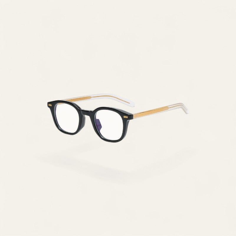 Driftward retro square blue light glasses with black TR90 frame and gold accents.