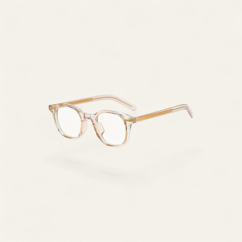 Driftward retro square blue light glasses with transparent beige TR90 frame and gold accent on temples.