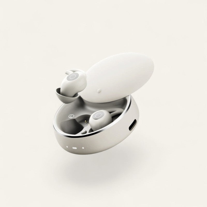Driftward ultra thin sleep earphones in white, designed for side sleepers. Low profile Bluetooth earbuds with charging case.