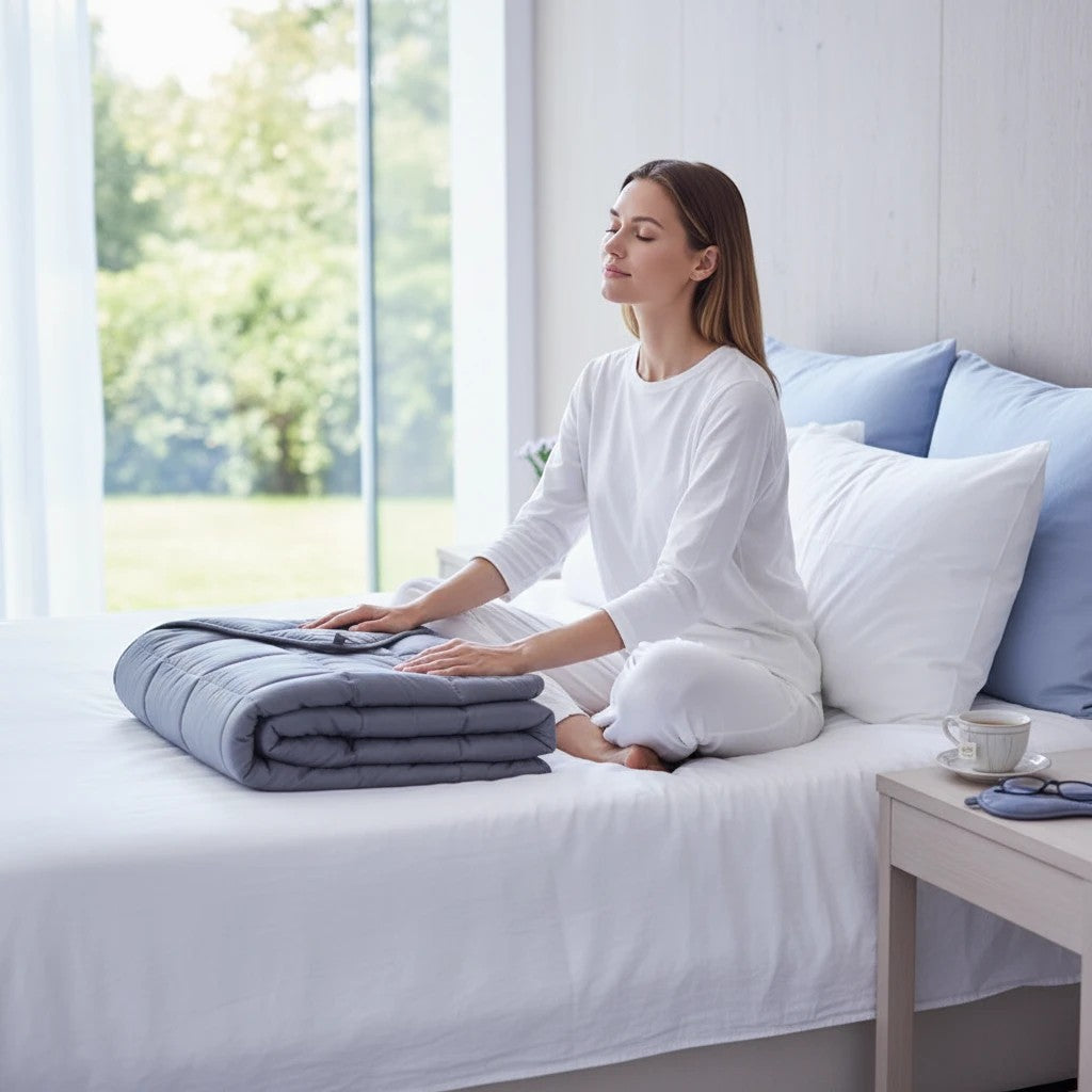 Driftward grey weighted blanket folded on a bed with a woman meditating beside it. Breathable fabric, machine washable.