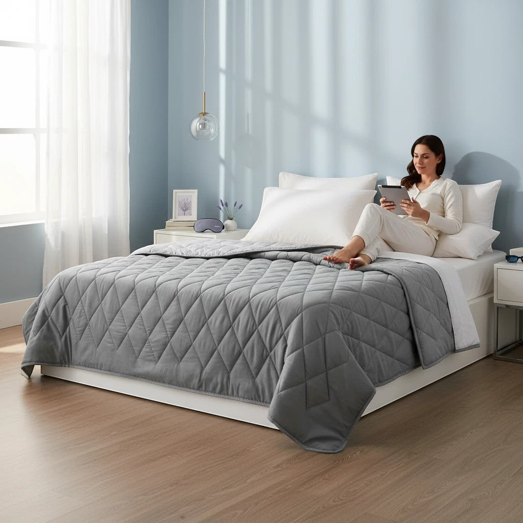 Driftward grey quilted weighted blanket on a bed with a woman using a tablet. Breathable fabric, machine washable.