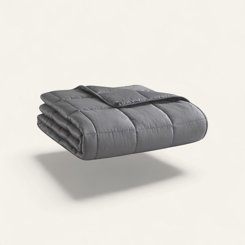 Grey cooling weighted blanket folded, box stitched quilting